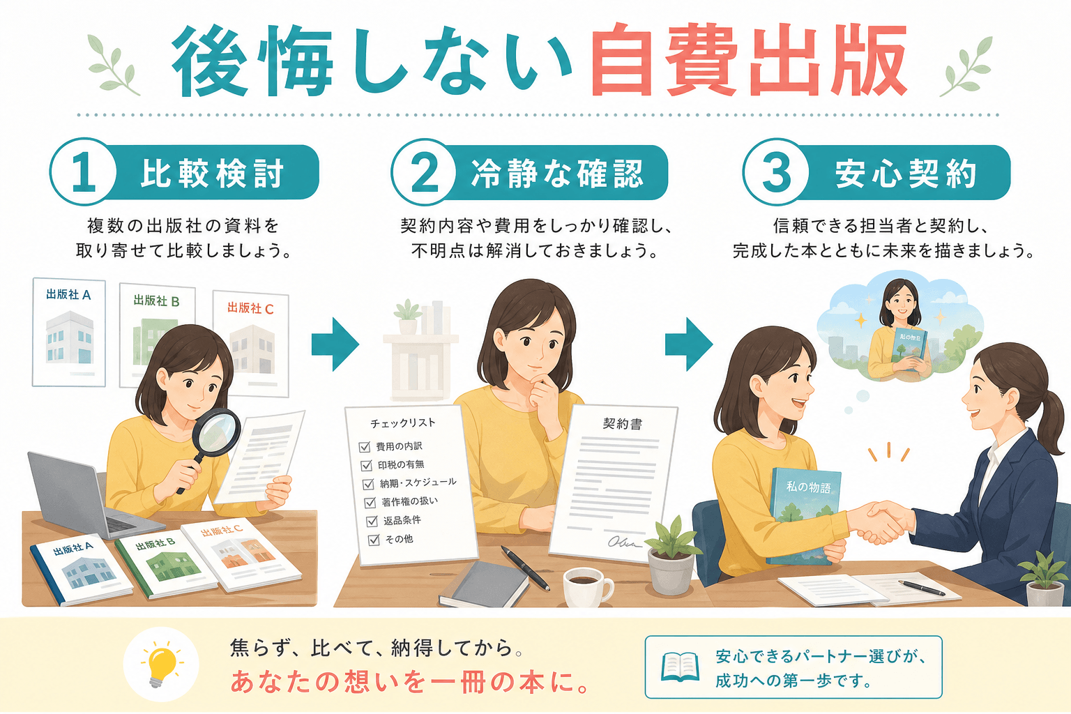 日本人、日本のスタイル, 「後悔しない自費出版」をテーマにしたインフォグラフィック。フラットデザインのデジタルイラストで、明るく安心感のある配色。左から右へ矢印で繋がる3つのステップ図。1.「比較検討