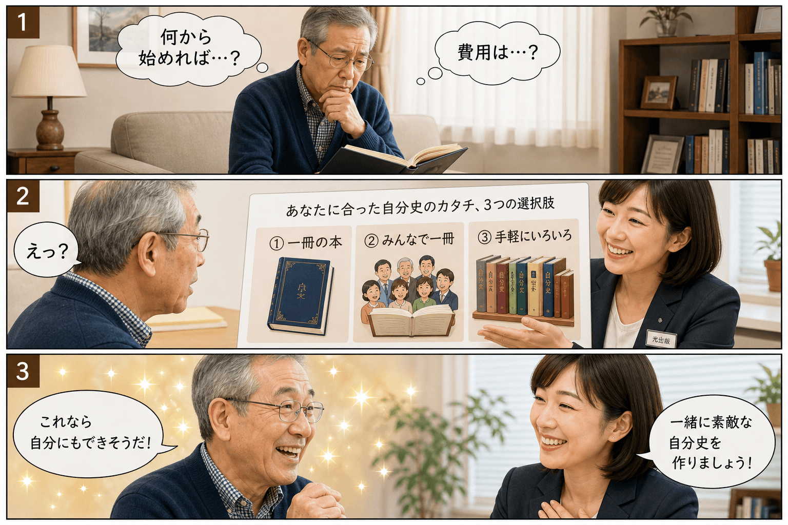 3コママンガ、コマ割りで1枚の画像に収める。コマ1: 相談者Aさん: 60代の男性。自分史に興味があるが、不安を感じている。 スタッフBさん: 光出版のスタッフ。親しみやすく、相談者に寄り添う。、自宅