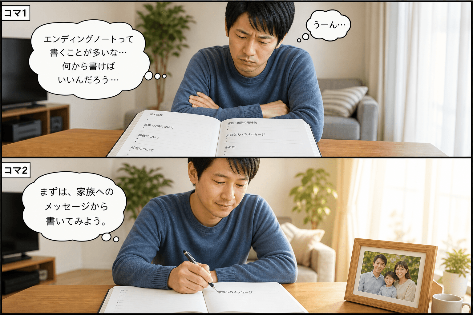 2コママンガ、コマ割りで1枚の画像に収める。コマ1: 30代の男性Aさん、リビングのテーブル。開かれたエンディングノートを前に、Aさんが腕を組んで「うーん」と悩んでいる。、Aさんの表情は少し硬く、何か