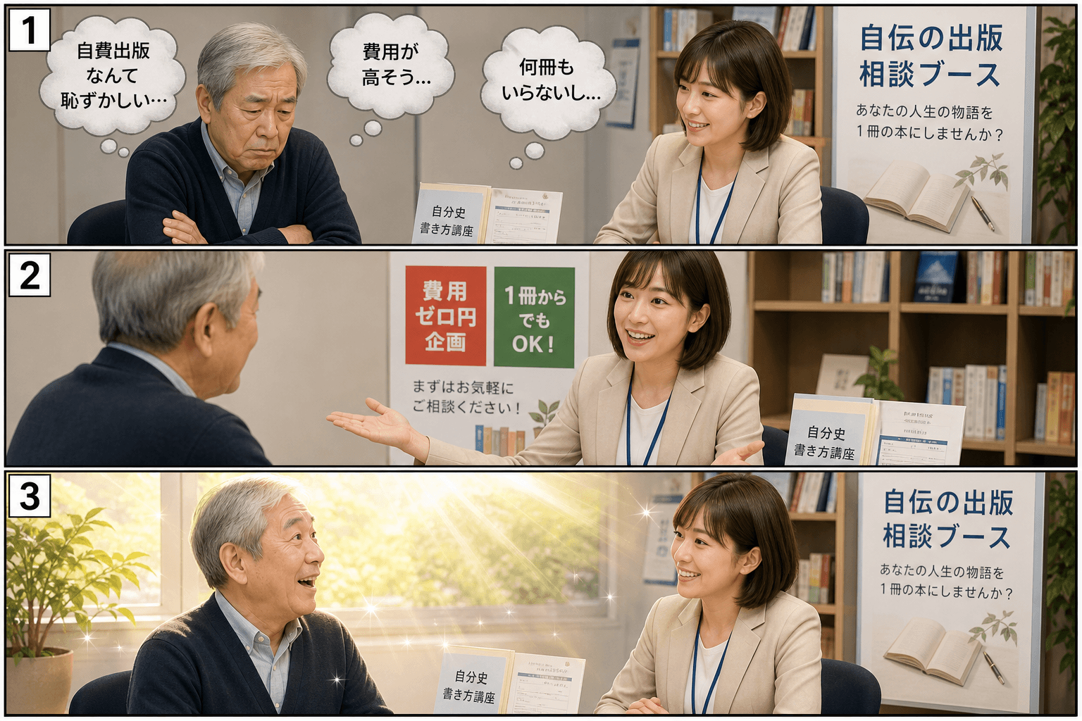 3コママンガ、コマ割りで1枚の画像に収める。コマ1: 相談者Aさん: 60代男性。自伝の出版に興味があるが、不安も大きい。 スタッフBさん: 30代女性。出版社の相談スタッフ。、出版社の相談ブース。相