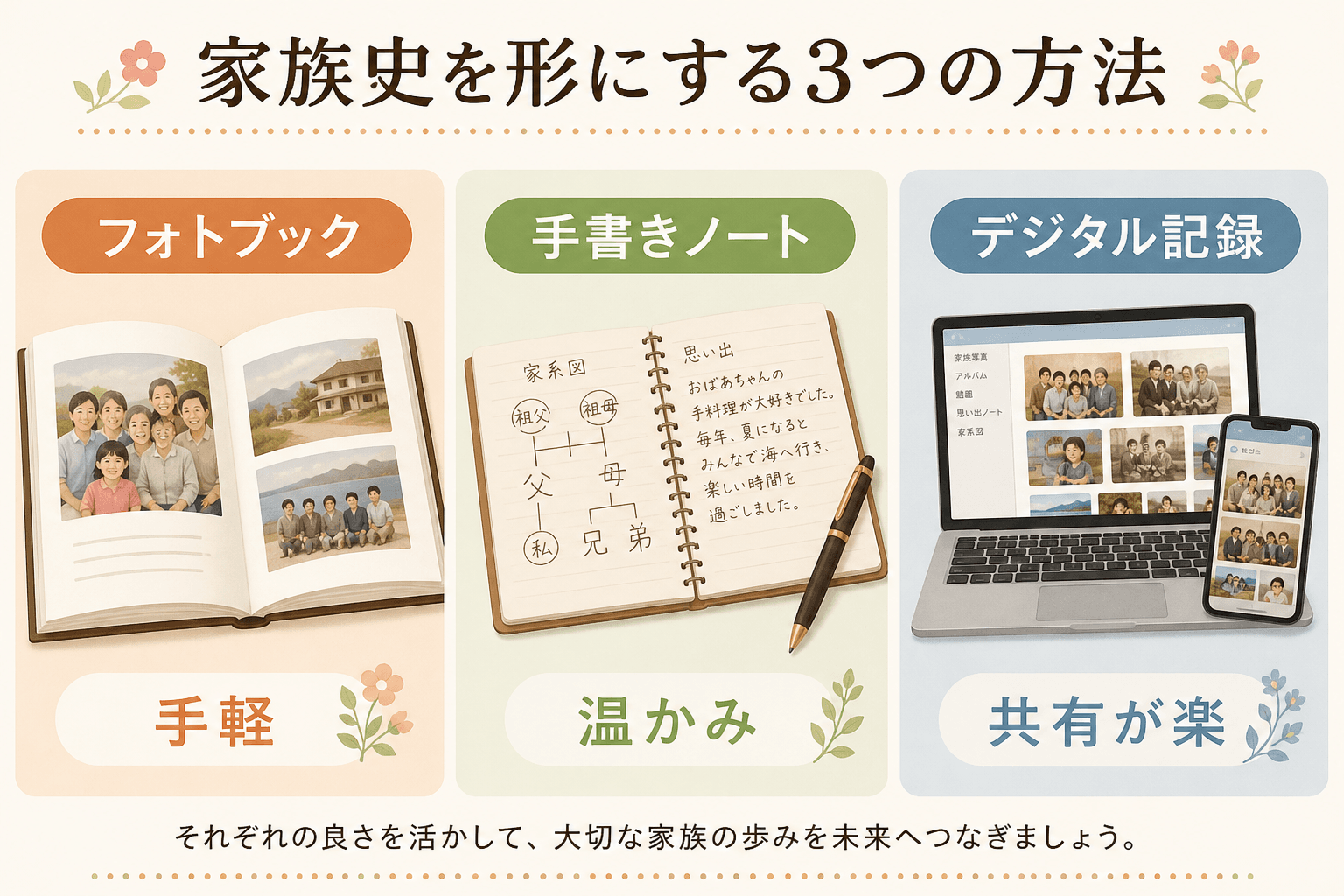 日本人、日本のスタイル, 「家族史を形にする3つの方法」というタイトルのインフォグラフィック。画像を3分割し、「フォトブック」「手書きノート」「デジタル記録」を比較。各エリアに象徴的なイラスト（開いた