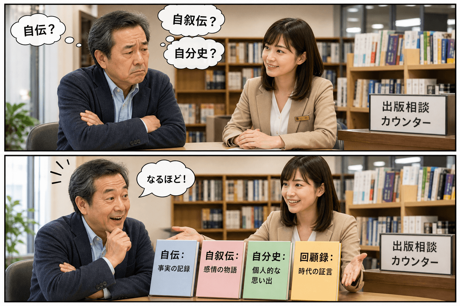 2コママンガ、コマ割りで1枚の画像に収める。コマ1: Aさん: 50代男性。自分の人生を本にしたいと考えている。 Bさん: 30代女性。出版社の相談員。、出版社の相談カウンター。Aさんが腕を組み、困っ