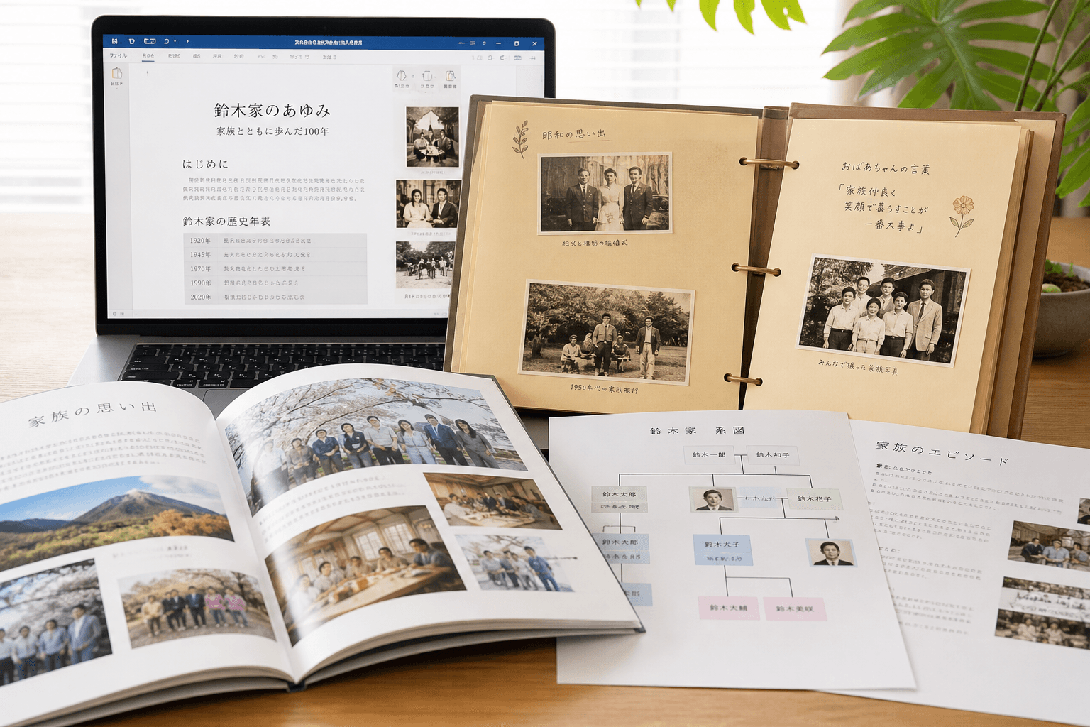 完成した家族史のイメージ写真。手作りのアルバム、おしゃれなフォトブック、パソコンのWord画面などを並べて見せる。]
