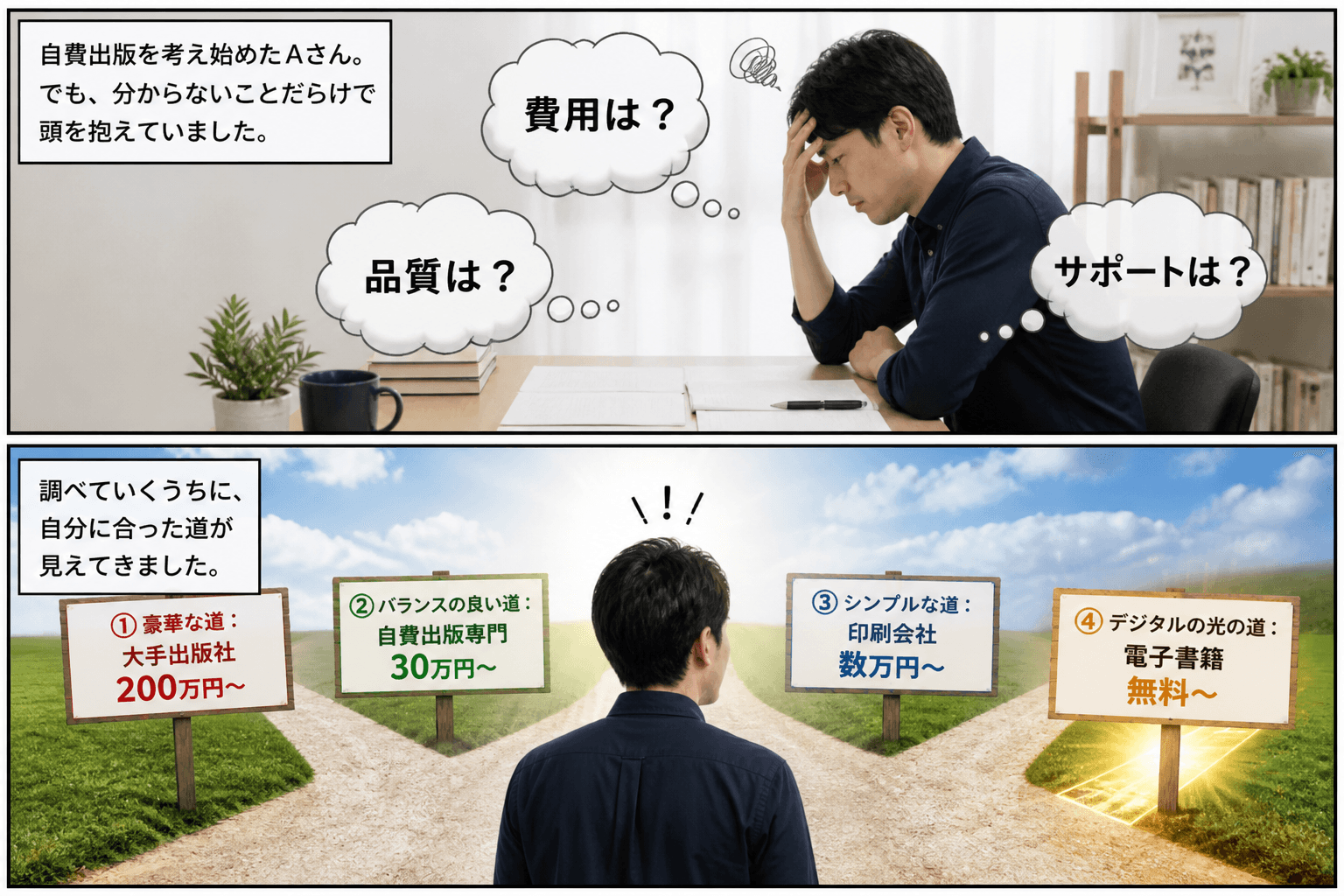 2コママンガ、コマ割りで1枚の画像に収める。コマ1: Aさん(自費出版を検討している30代男性)、ナレーション、机に向かって頭を抱えているAさんを横から映す。、Aさんの周りに「費用は?」「品質は?」「