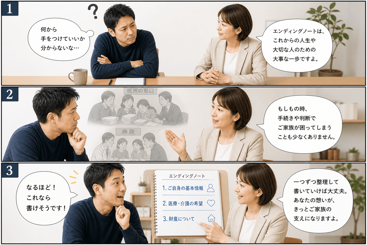 3コママンガ、コマ割りで1枚の画像に収める。コマ1: Aさん（30代男性、エンディングノートについて考えている）、Bさん（専門家/案内役の女性）、リビングのテーブルで、Aさんが白紙のノートを前に腕を組