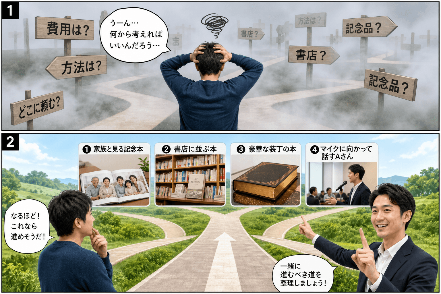 2コママンガ、コマ割りで1枚の画像に収める。コマ1: Aさん: 30代男性。自費出版を考えているが、どうすれば良いか悩んでいる。 Bさん: 出版アドバイザー。Aさんを導く案内役。、困り顔のAさんが、い