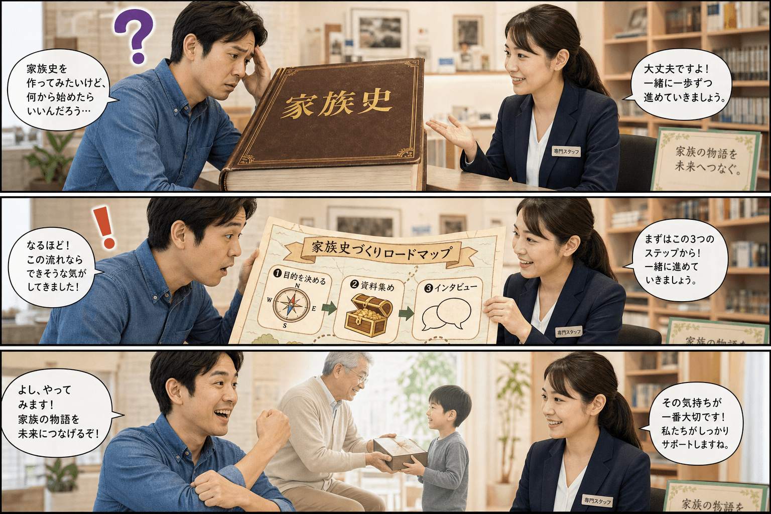 3コママンガ、コマ割りで1枚の画像に収める。コマ1: Aさん: 30代男性。家族史づくりに挑戦したいと思っている。 Bさん: 専門スタッフ。Aさんにアドバイスをする。、カウンターを挟んで、Aさんがスタ