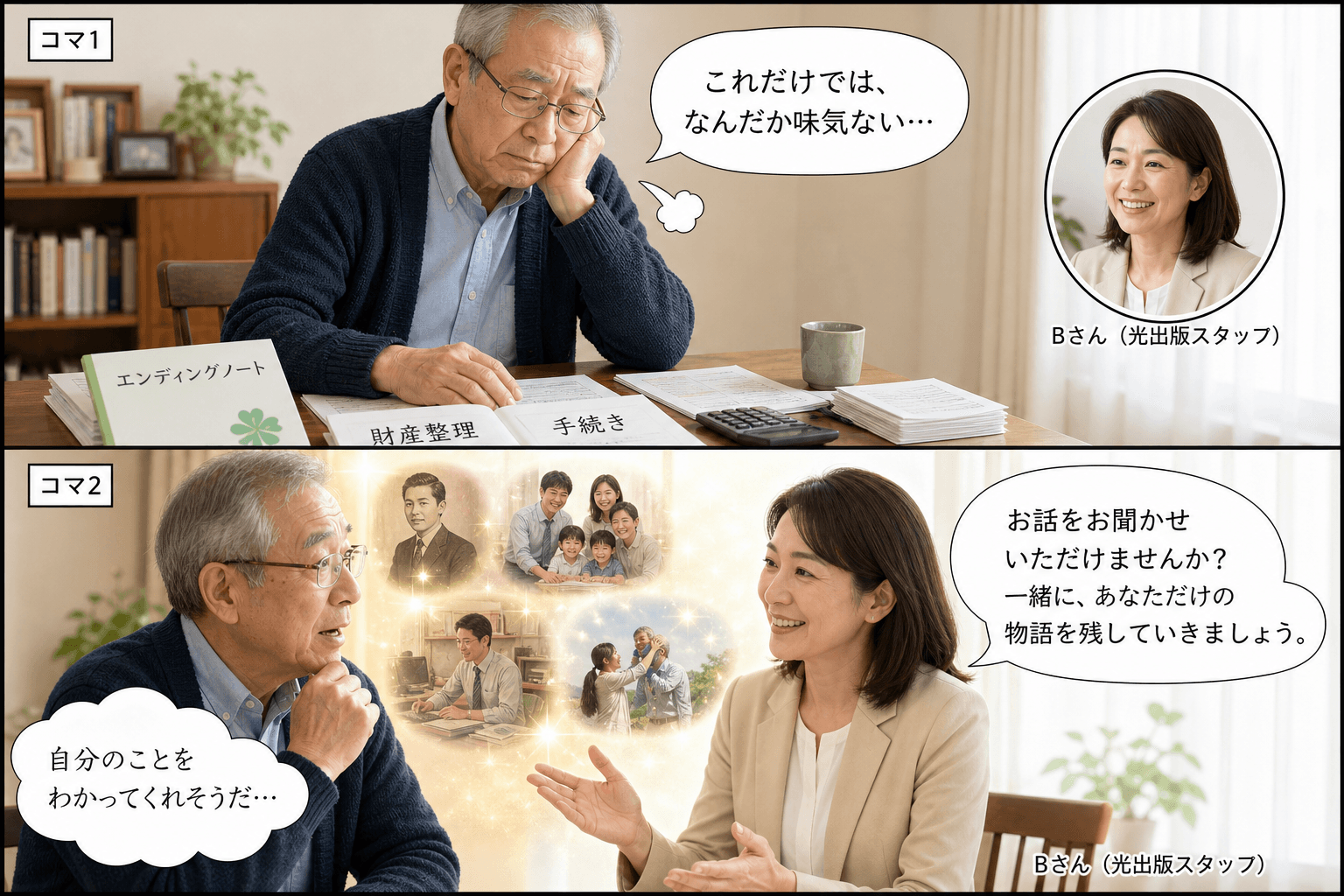 2コママンガ、コマ割りで1枚の画像に収める。コマ1: Aさん: 終活を考えているシニア男性 Bさん: 光出版のスタッフ(聞き上手な女性)、自宅の机で、エンディングノートや書類を前に一人、ため息をついて