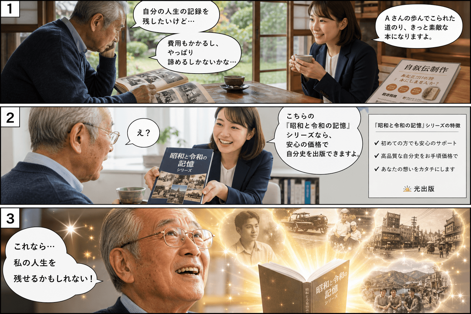 3コママンガ、コマ割りで1枚の画像に収める。コマ1: Aさん: 70代の男性。自らの人生の記録を残したいと考えている。 Bさん: 30代の光出版スタッフ。親しみやすい雰囲気。、縁側でお茶を飲みながら、