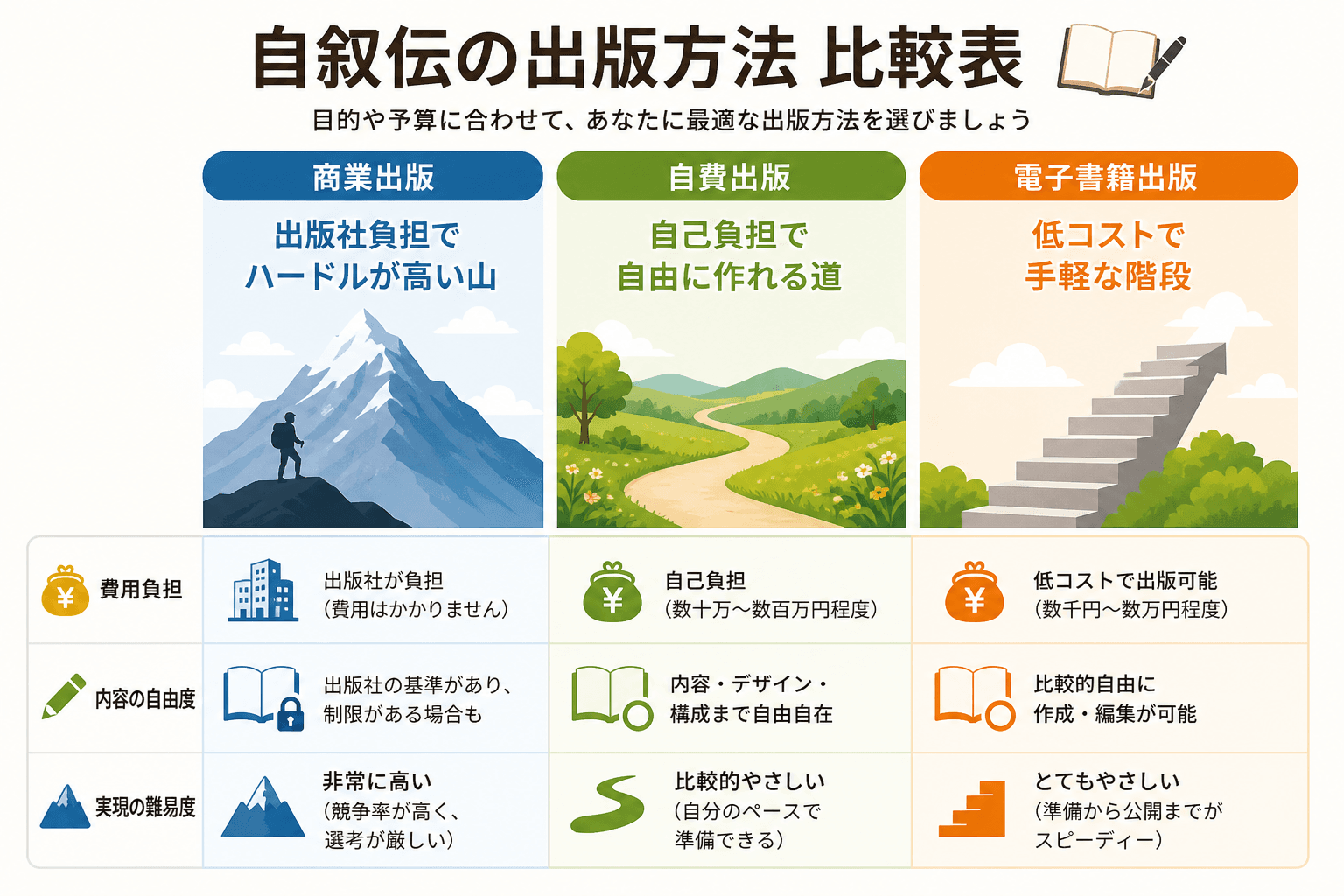 日本人、日本のスタイル, 「自叙伝の出版方法」をテーマにしたインフォグラフィック。「商業出版」「自費出版」「電子書籍出版」の3つを列で並べた比較表。「費用負担」「内容の自由度」「実現の難易度」の項目を