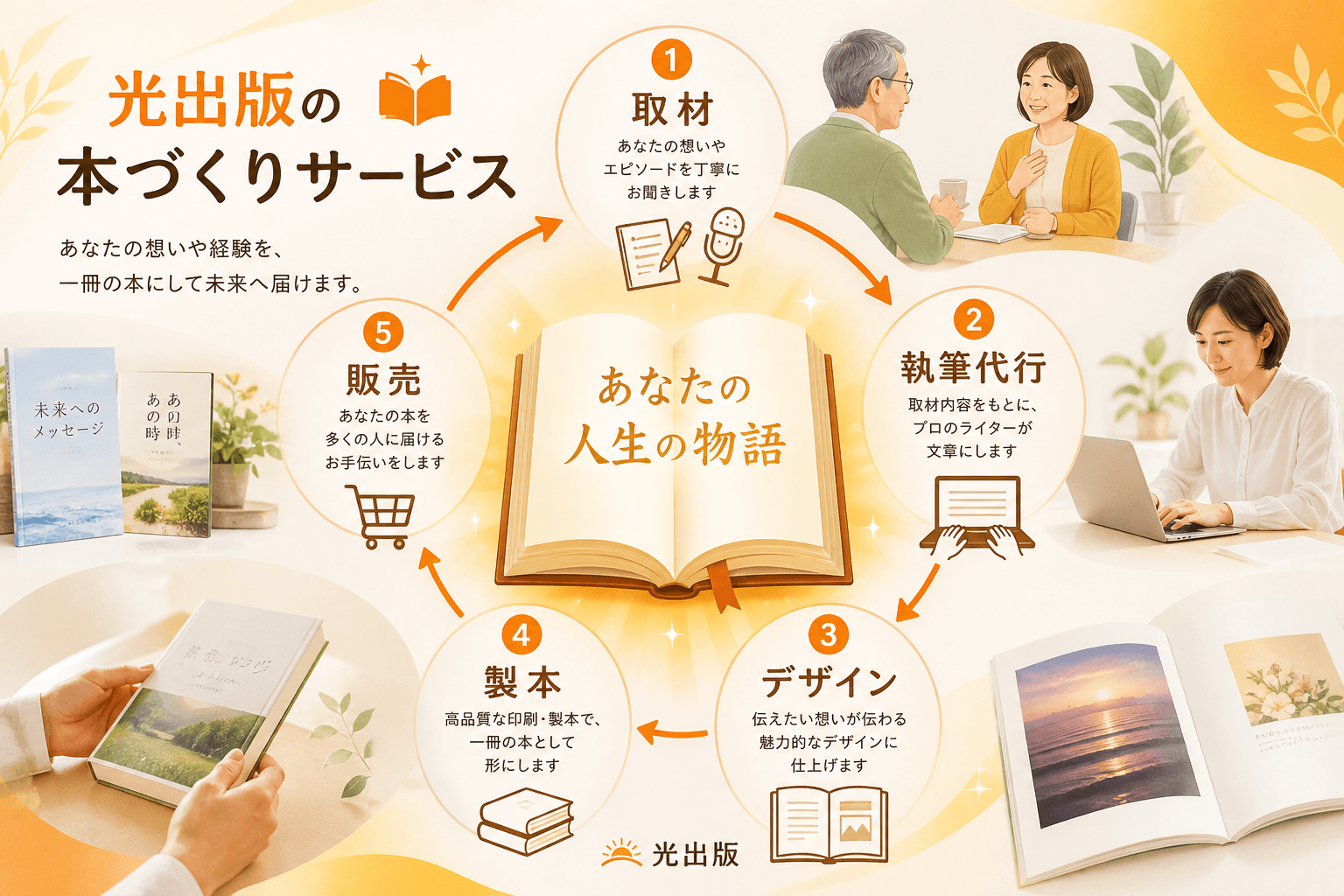 日本人、日本のスタイル, 「光出版の本づくりサービス」を解説するインフォグラフィック。中央に「あなたの人生の物語」を象徴する輝く本のイラストを配置し、その周りを矢印で繋がれた「取材→執筆代行→デザイン