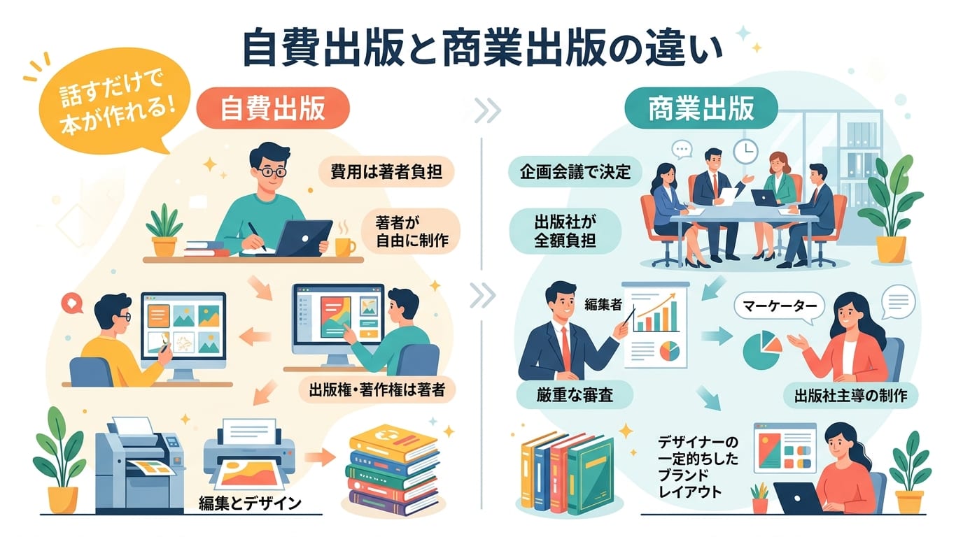日本人、日本のスタイル, インフォグラフィック、フラットデザイン。「自費出版」と「商業出版」を中央で比較する図。左の自費出版は、著者が費用を払い自由に本を作る様子をアイコンで示す。右の商業出版は、出版