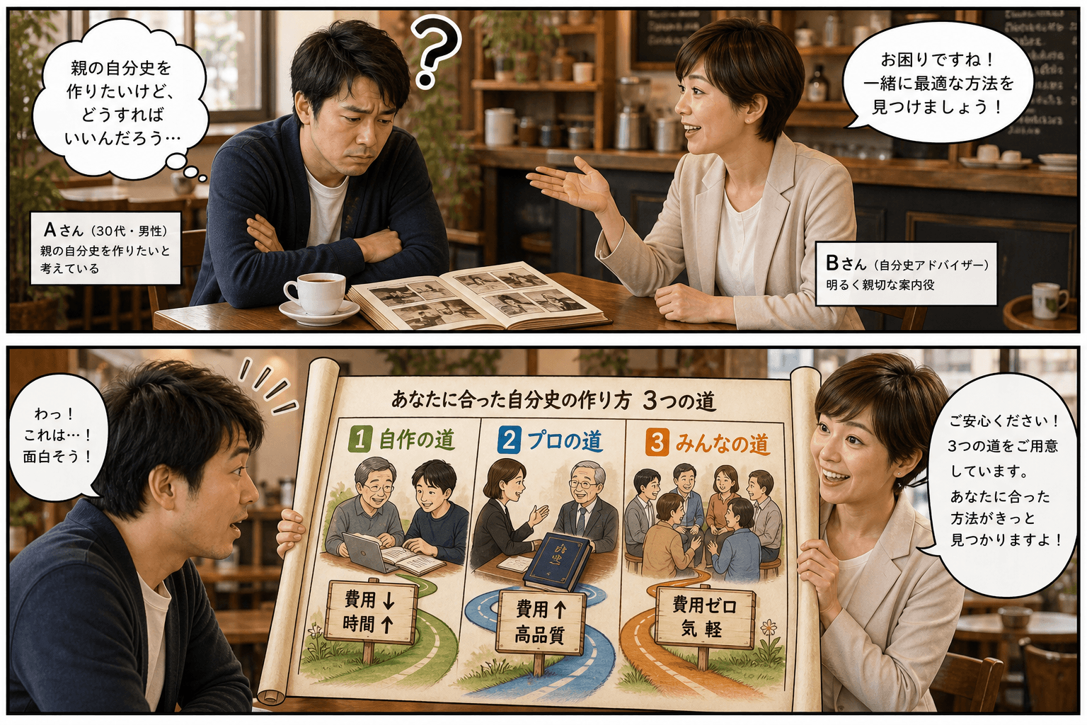 2コママンガ、コマ割りで1枚の画像に収める。コマ1: Aさん: 30代男性。親の自分史を作りたいと考えている。 Bさん: 自分史アドバイザー。明るく親切な案内役。、カフェのテーブルで、親の古いアルバム