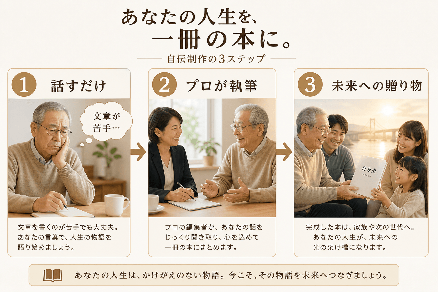日本人、日本のスタイル, 「自伝」をテーマにしたインフォグラフィック。左から右へ3つのステップで構成。ステップ1:「文章が苦手…」と悩む高齢者。ステップ2:プロの編集者にリラックスして人生を語る様子。