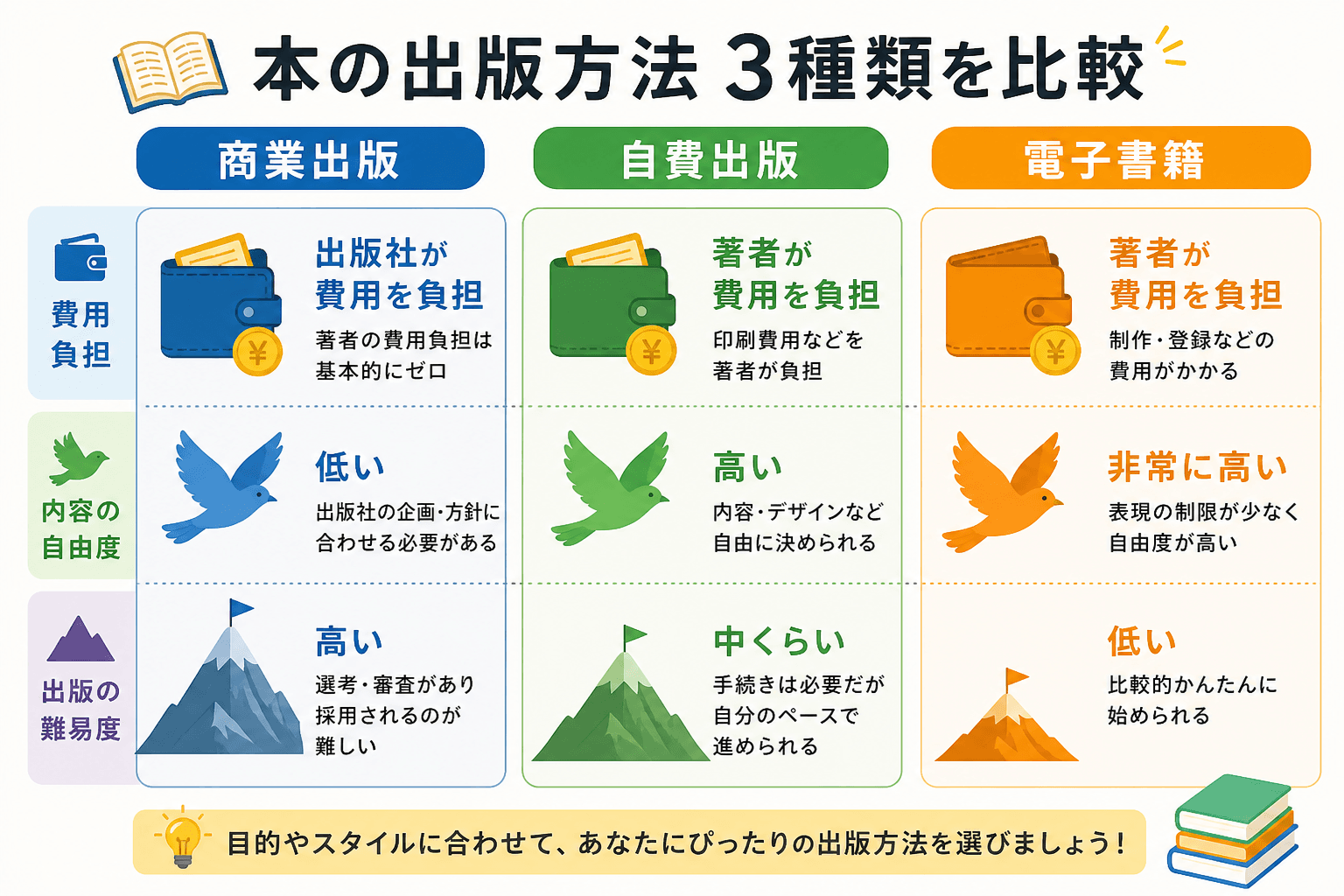 日本人、日本のスタイル, 本の出版方法3種類を比較するインフォグラフィック。「商業出版」「自費出版」「電子書籍」を横に並べ、それぞれの「費用負担」「内容の自由度」「出版の難易度」をアイコンと日本語で図