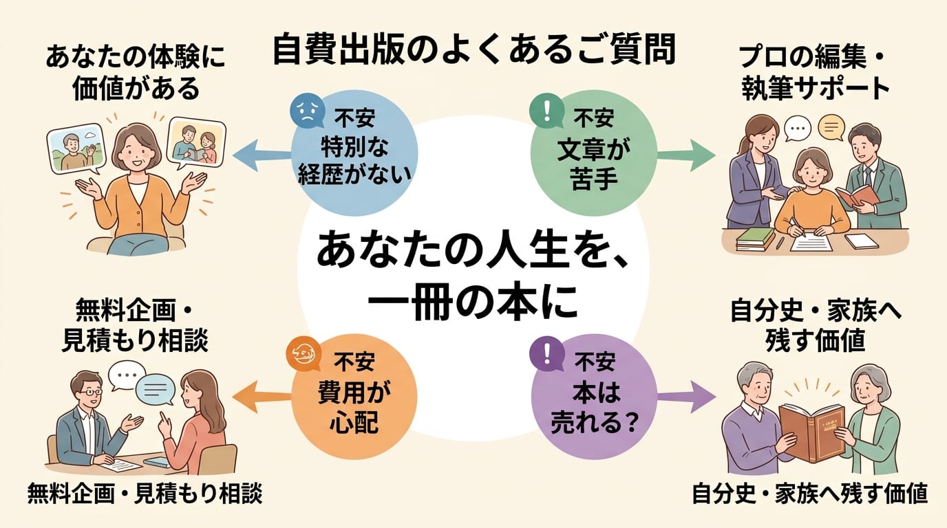 日本人、日本のスタイル, インフォグラフィック、図解。「自費出版のよくあるご質問」というテーマ。中央に「あなたの人生を、一冊の本に」というタイトルを配置。その周りに「特別な経歴がない」「文章が苦手」「