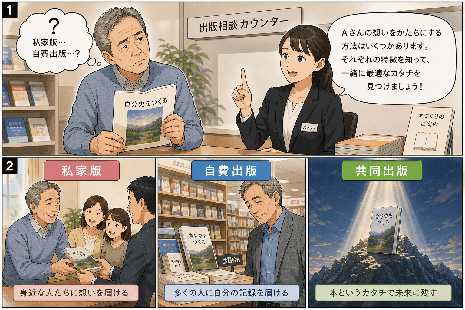 2コママンガ、コマ割りで1枚の画像に収める。コマ1: 自分史を検討中の男性Aさん（60代） 出版社のスタッフBさん（30代・女性）、出版社の相談カウンター。Aさんがパンフレットを手に、少し困った顔で首