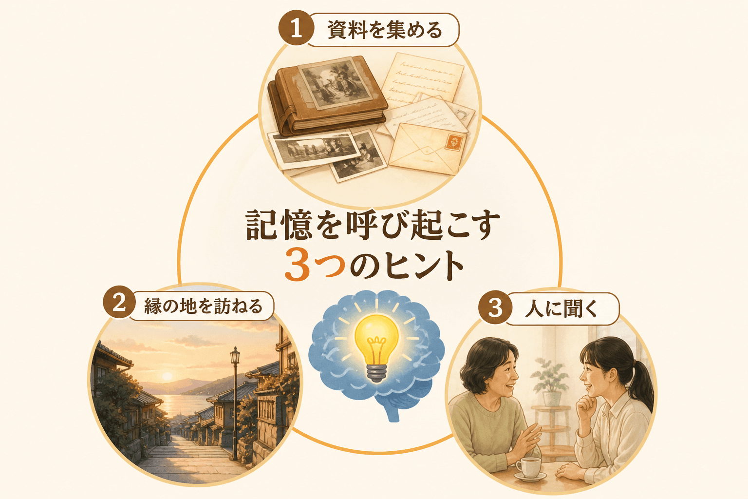 日本人、日本のスタイル, インフォグラフィック、「記憶を呼び起こす3つのヒント」。中央にタイトルと電球が灯る脳のアイコンを配置。その周りに3つの要素を円形に並べる。1「資料を集める」は古いアルバムと手