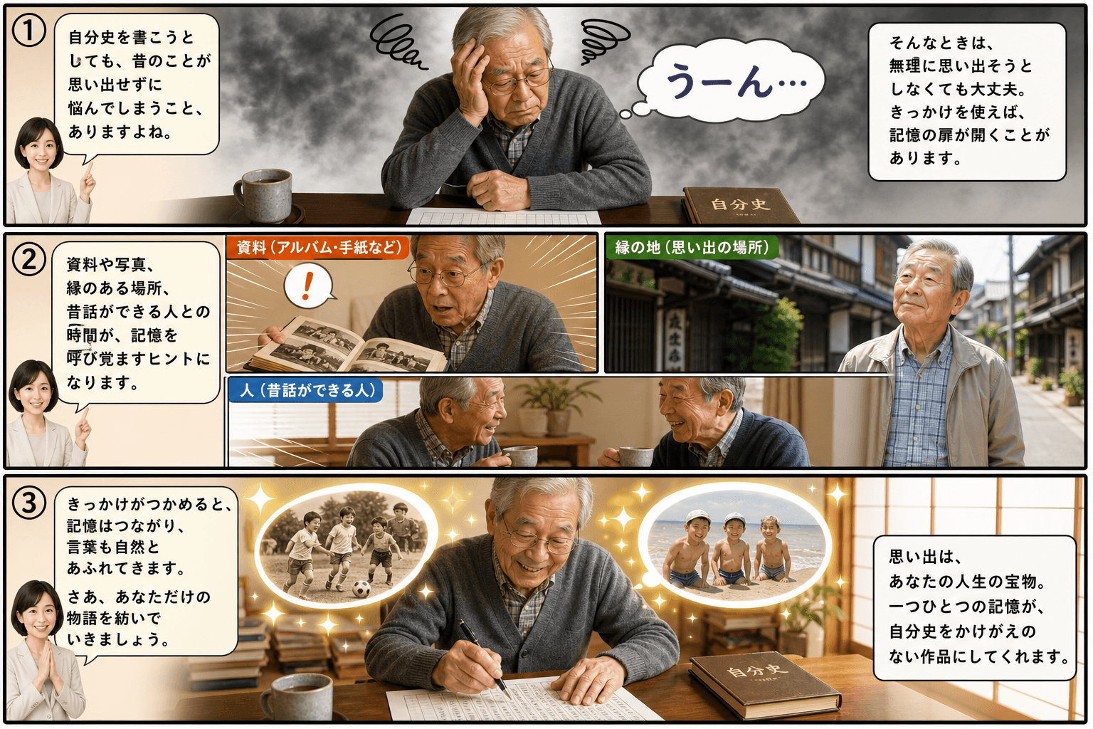 3コママンга、コマ割りで1枚の画像に収める。コマ1: おじいさん: 自分史を書こうとしているが、昔のことが思い出せずに悩んでいる。 ナレーション: 読者に語りかける解説役。、机に向かい、ペンを片手にう