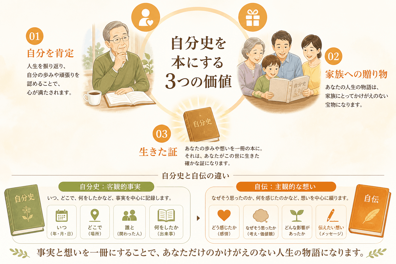 日本人、日本のスタイル, 「自分史出版の価値」をテーマにしたインフォグラフィック。中央に「自分史を本にする3つの価値」とタイトルを配置。その周りに①人生を振り返り満足げな人物と「自分を肯定」、②家族が