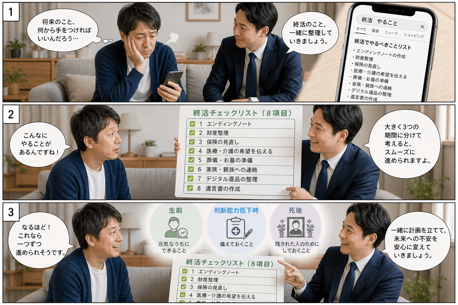 3コママンガ、コマ割りで1枚の画像に収める。コマ1: Aさん(40代男性・おひとりさま)、Bさん(終活アドバイザー)、リビングのソファに座り、スマートフォンを片手に不安そうな顔でため息をつくAさん。、