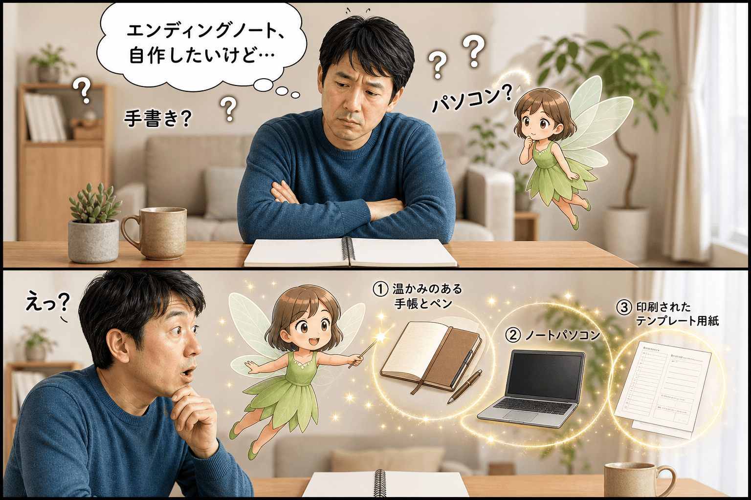 2コママンガ、コマ割りで1枚の画像に収める。コマ1: Aさん: エンディングノートに興味を持ち始めた40代男性。 ノートの妖精: Aさんにアドバイスをする、親しみやすいキャラクター。、リビングの机で、