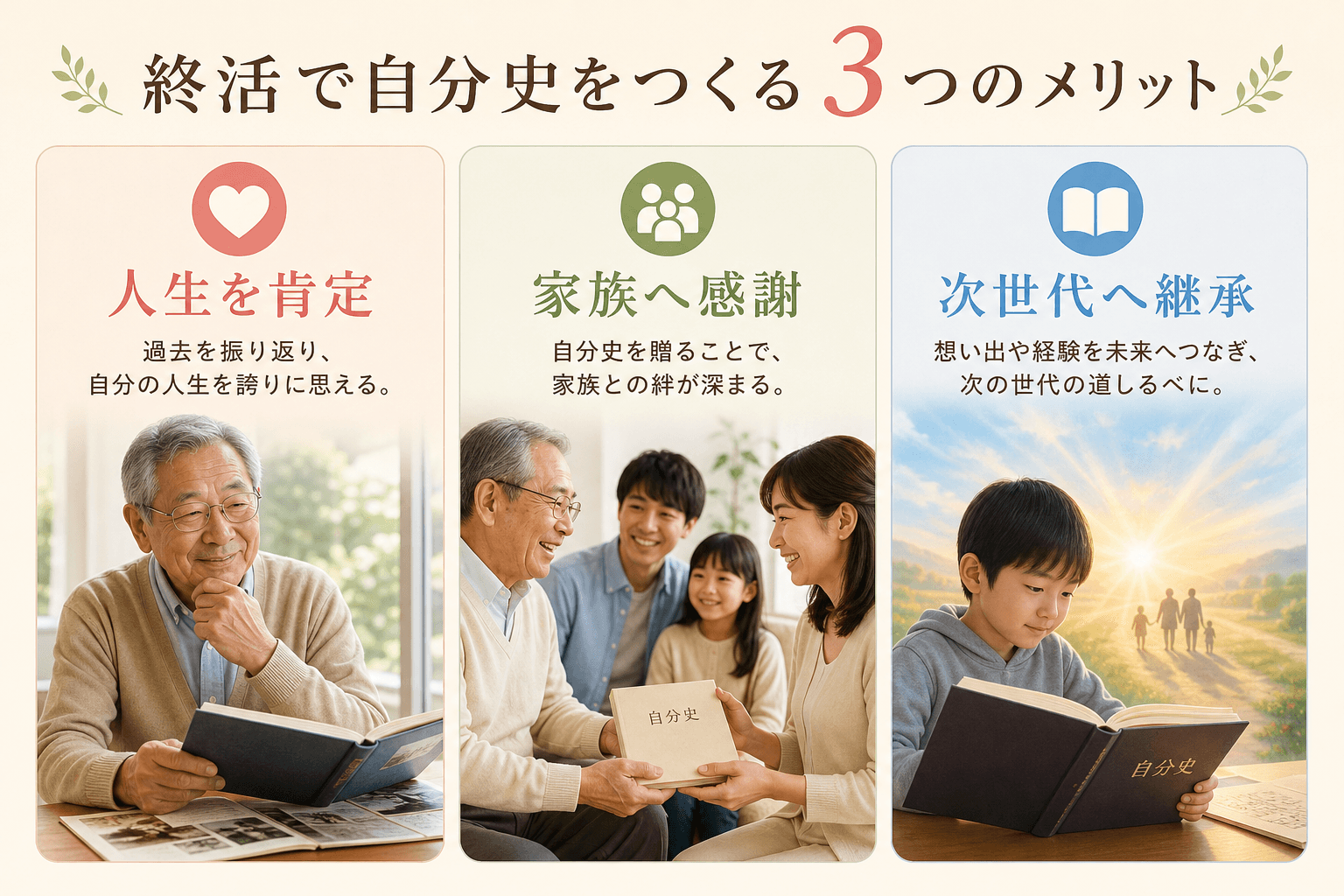 日本人、日本のスタイル, 「終活で自分史をつくる3つのメリット」というテーマのインフォグラフィック。温かみのあるデジタルイラストで、3つのパネルに分ける。左パネル：「人生を肯定」高齢者が過去を振り返り