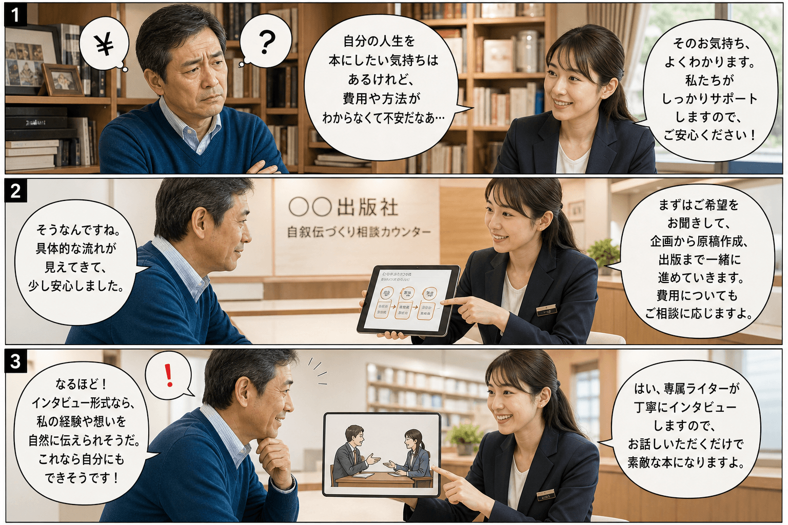 3コママンガ、コマ割りで1枚の画像に収める。コマ1: Aさん: 50代男性。自叙伝づくりに興味があるが、不安を抱えている。 Bさん: 出版社の女性スタッフ。親しみやすく、相談に乗ってくれる。、自宅の書
