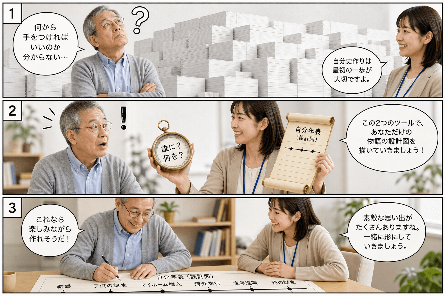 3コママンガ、コマ割りで1枚の画像に収める。コマ1: Aさん: 自分史作りに挑戦したいと考えている初老の男性。 Bさん: 出版社の女性スタッフ。明るく親切なナビゲーター役。、巨大で真っ白な原稿用紙の山