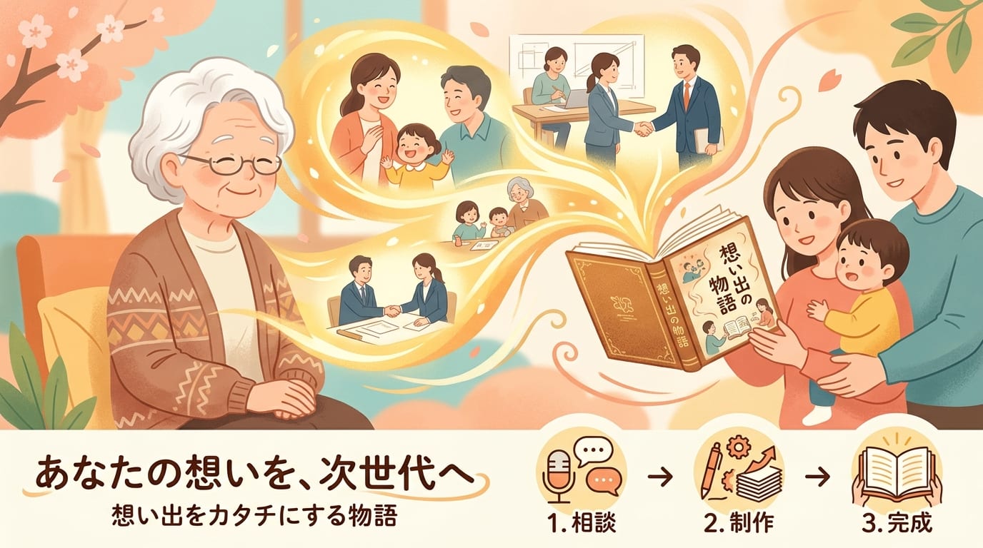 日本人、日本のスタイル, インフォグラフィック、フラットデザイン。中央に、優しい表情の人物が人生を回想し、その思い出(家族、仕事)が一筋の光となって美しい本に集約されていく様子。その本を若い世代が受け