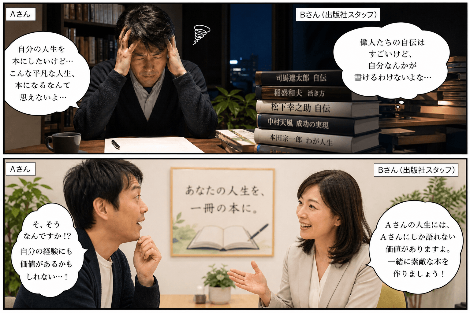2コママンガ、コマ割りで1枚の画像に収める。コマ1: Aさん: 40代男性。自分の人生を本にしたいと考えているが、自信がない。 Bさん: 出版社のスタッフ。親しみやすく、安心感のある女性。、自宅の書斎