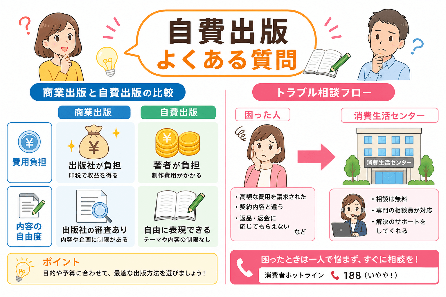日本人、日本のスタイル, 自費出版の疑問を解決するインフォグラフィック。中央に「自費出版 よくある質問」というタイトル。左半分に「商業出版」と「自費出版」の比較図を配置し、「費用負担」「内容の自由度」