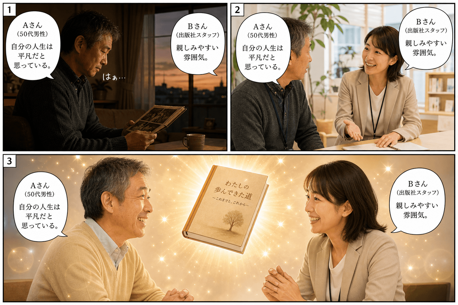 3コママンガ、コマ割りで1枚の画像に収める。コマ1: Aさん: 50代男性。自分の人生は平凡だと思っている。 Bさん: 出版社の女性スタッフ。親しみやすい雰囲気。、自宅のリビング。Aさんが古いアルバム