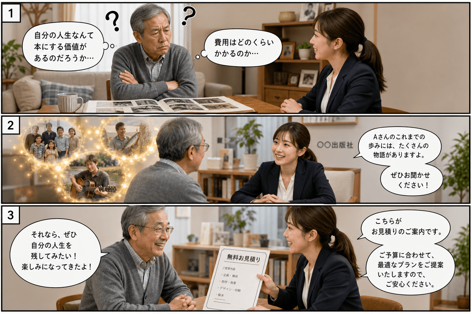 3コママンガ、コマ割りで1枚の画像に収める。コマ1: 相談者Aさん: 60代の男性。自伝作成に興味があるが、少し自信がなさそう。 スタッフBさん: 30代の女性。出版社のスタッフ。明るく親身な雰囲気。