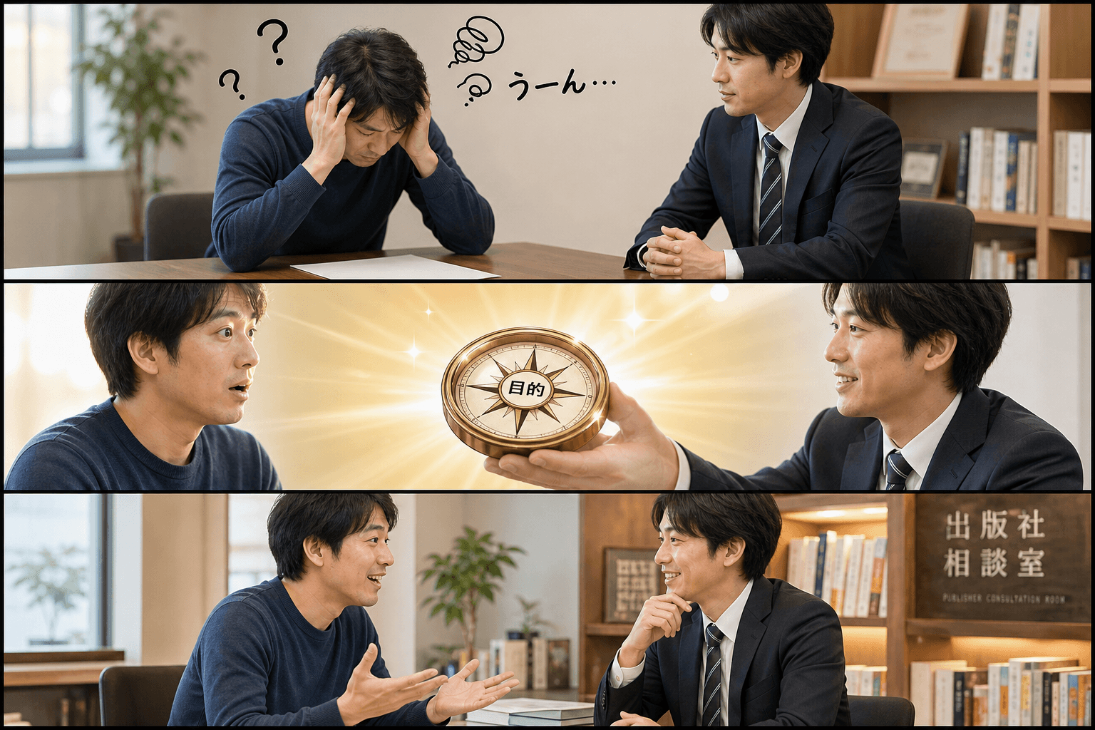 3コママンガ、コマ割りで1枚の画像に収める。コマ1: Aさん（自費出版を検討中の30代男性）、Bさん（出版社のスタッフ）、机に向かい、頭を抱えているAさん。机の上には白紙の原稿用紙が置かれている。、A