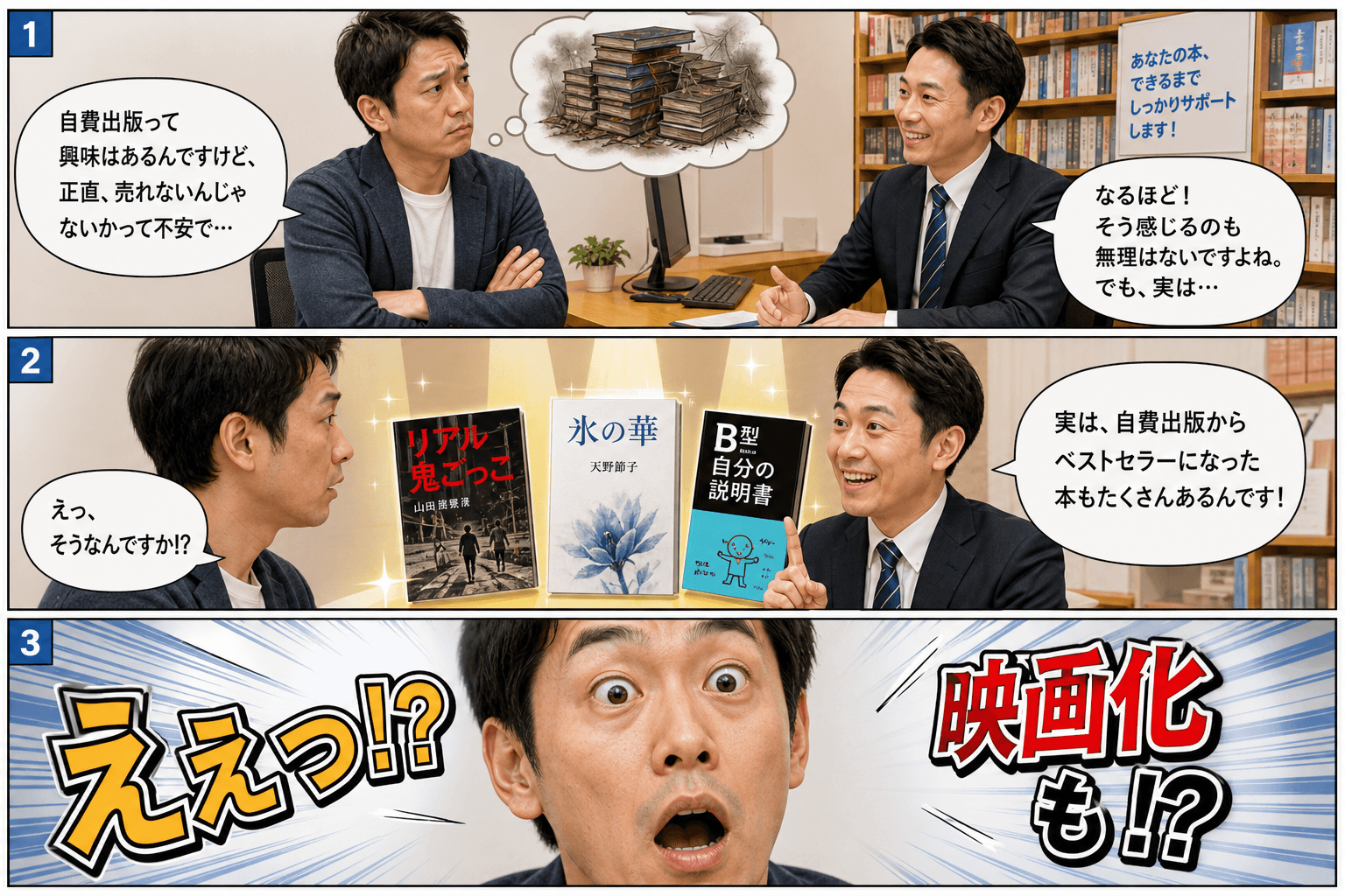 3コママンガ、コマ割りで1枚の画像に収める。コマ1: - Aさん: 30代男性。自費出版に興味があるが、「売れないのでは」と不安に思っている。 - Bさん: 出版アドバイザー。明るく知識が豊富。、カウ