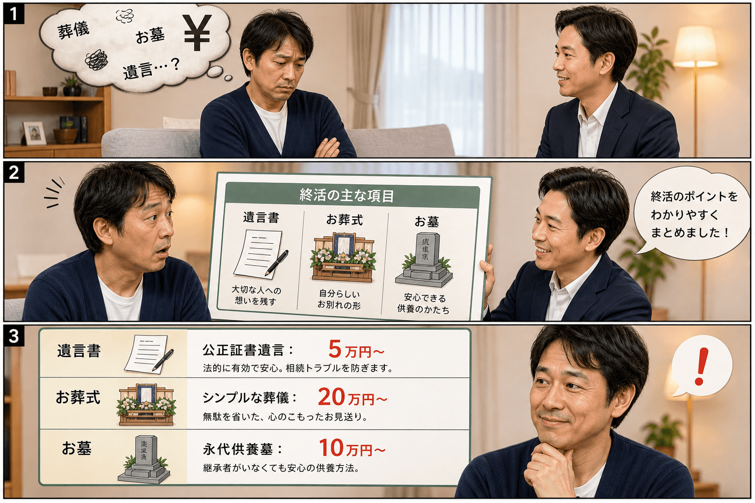 3コママンガ、コマ割りで1枚の画像に収める。コマ1: Aさん: 40代の独身男性。終活について考え始めたばかり。 Bさん: 親しみやすい終活アドバイザー。、自宅のソファに座り、Aさんが腕を組んで深刻な