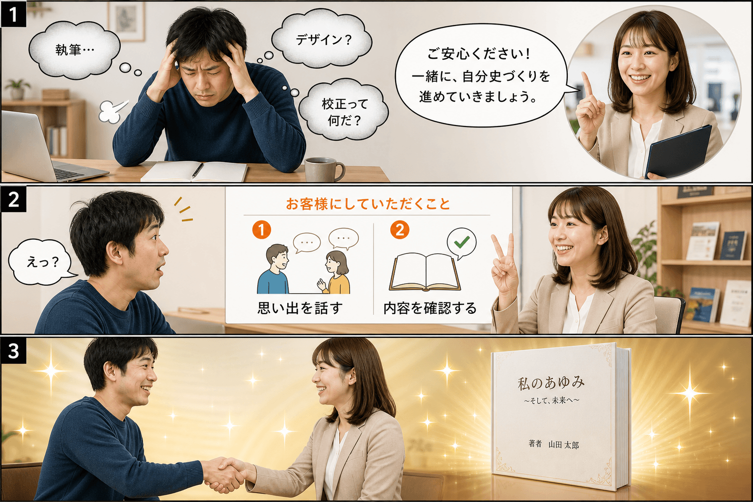 3コママンガ、コマ割りで1枚の画像に収める。コマ1: Aさん: 自分史づくりに興味がある30代男性。何から始めればいいか分からず不安に思っている。 Bさん: 出版社の女性スタッフ。親しみやすく、頼りに