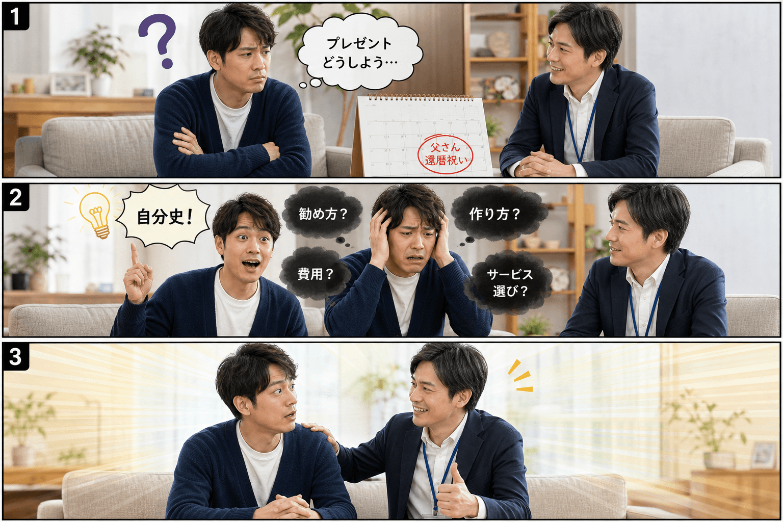 3コママンガ、コマ割りで1枚の画像に収める。コマ1: Aさん: 30代の男性。父親へのプレゼントを考えている。 Bさん: 自分史作成サービスのスタッフ。親切で頼りになりそうな雰囲気。、リビングのソファ