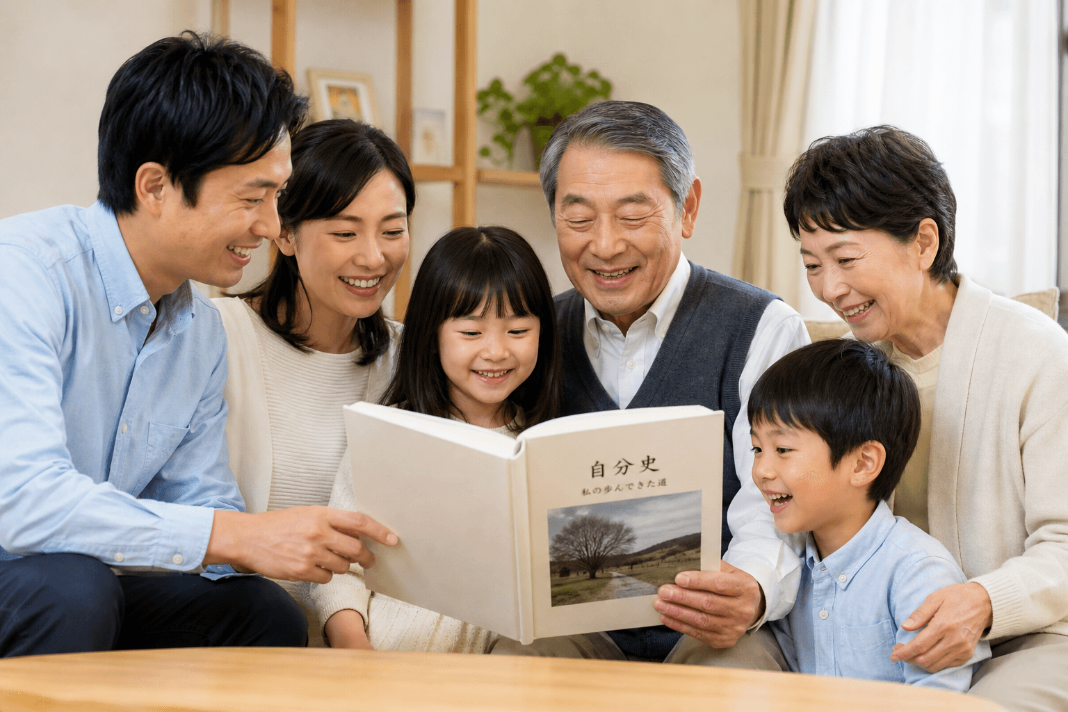 完成した自分史を囲んで、家族が笑顔で読んでいる様子の写真]