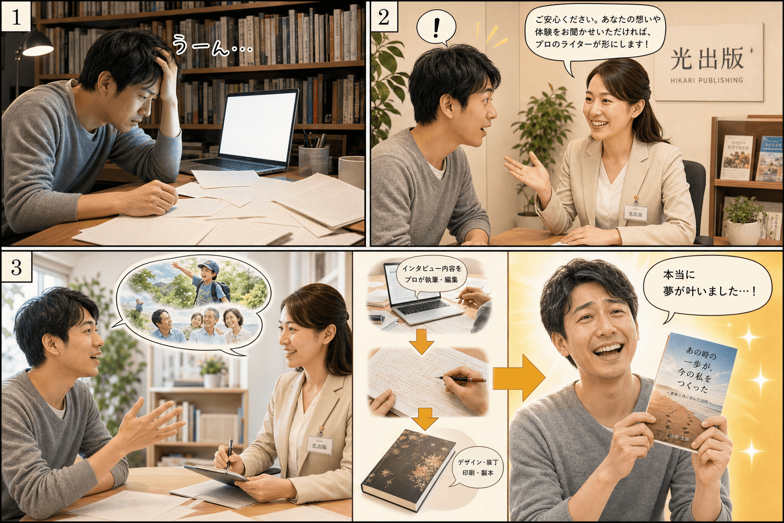 3コママンガ、コマ割りで1枚の画像に収める。コマ1: Aさん: 本を書きたいと思っているが、文章が苦手で悩んでいる30代男性。 Bさん: 光出版の女性スタッフ。親しみやすく、安心感がある。、自宅の書斎