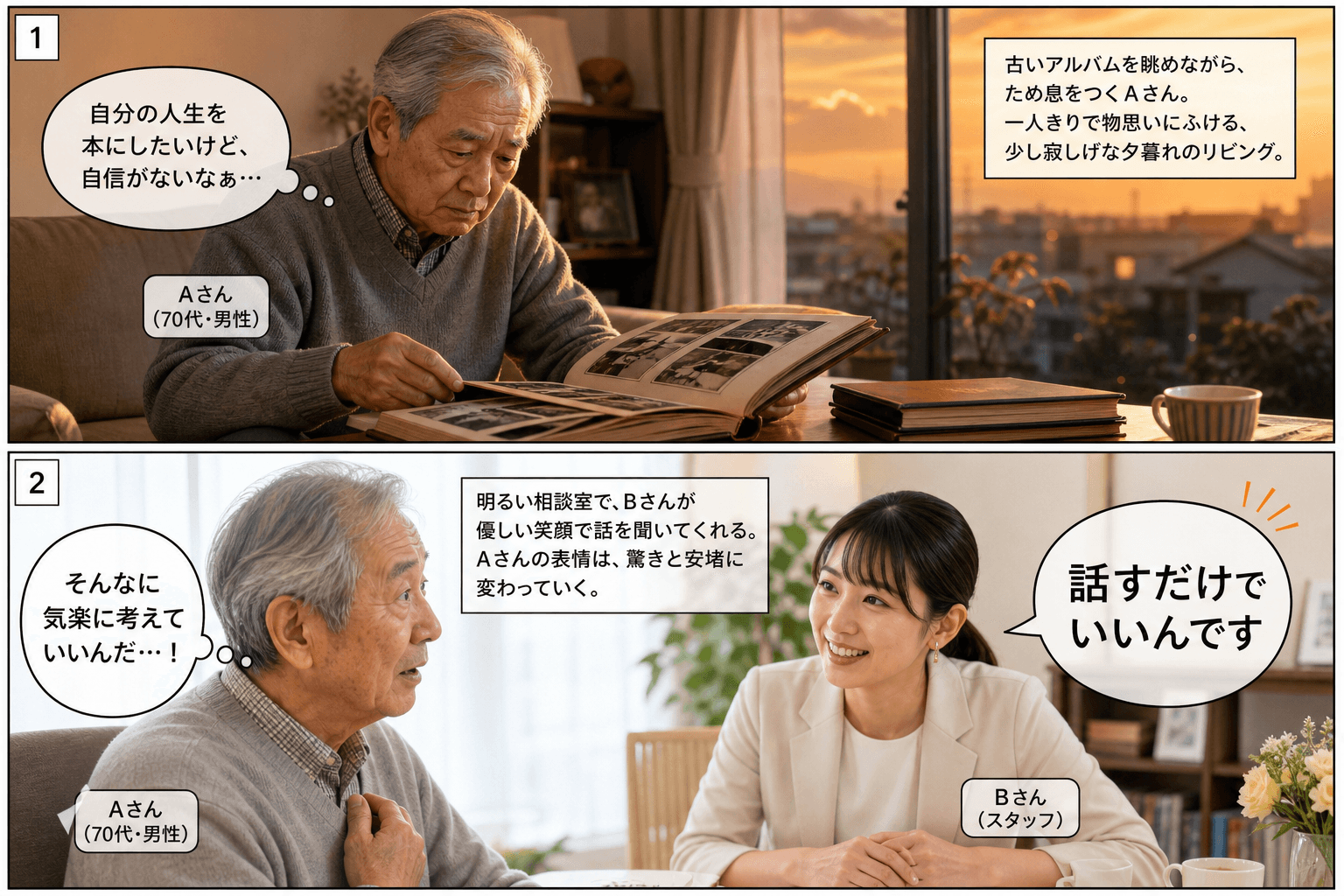 2コママンガ、コマ割りで1枚の画像に収める。コマ1: - Aさん: 70代の男性。自分の人生を本にしたいが、自信がない。 - Bさん: 自分史作成サービスの女性スタッフ。親しみやすい雰囲気。、リビング