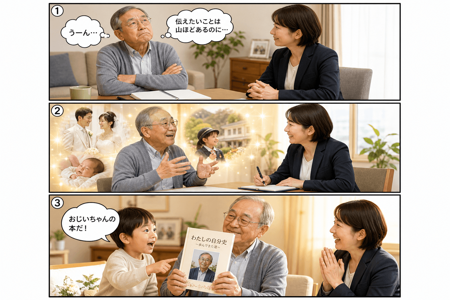 3コママンガ、コマ割りで1枚の画像に収める。コマ1: Aさん: 70代男性。エンディングノートを前に悩んでいる。 Bさん: 出版社のスタッフ。聞き上手で温かい雰囲気。、リビングのテーブルで、エンディン