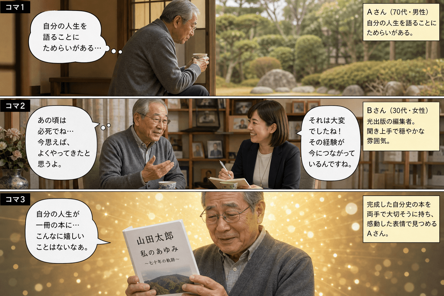 3コママンガ、コマ割りで1枚の画像に収める。コマ1: Aさん: 70代男性。自分の人生を語ることにためらいがある。 Bさん: 光出版の編集者。30代女性。聞き上手で穏やかな雰囲気。、縁側で一人、お茶を