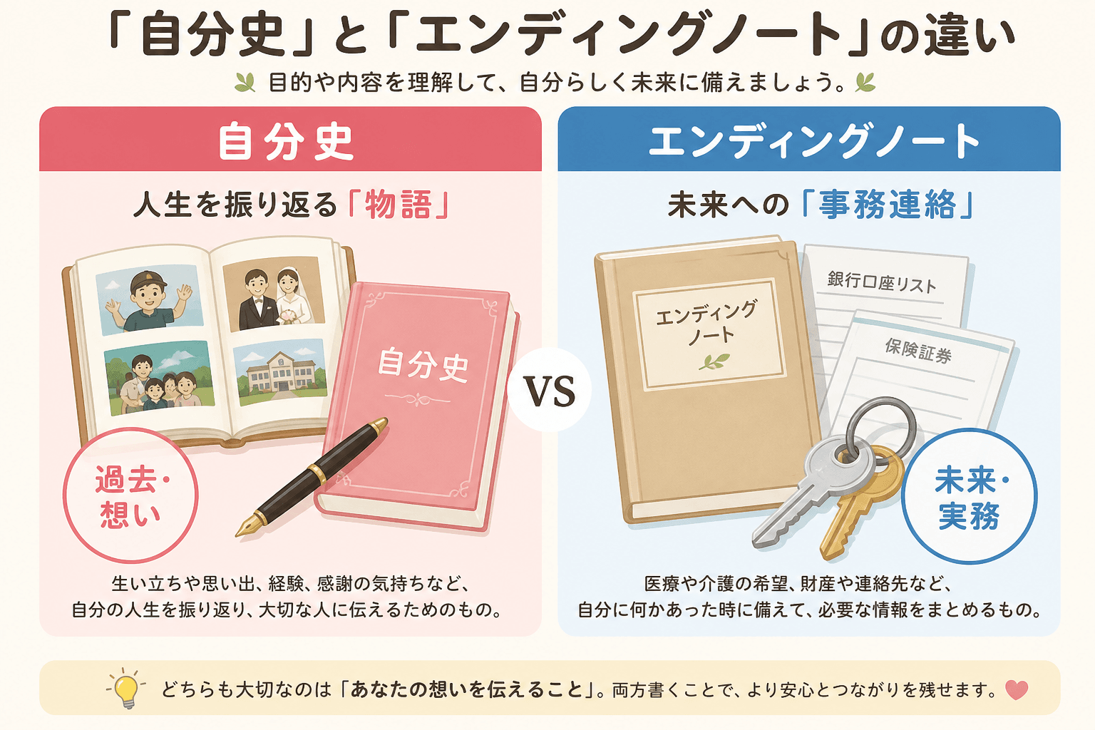 日本人、日本のスタイル, 「自分史」と「エンディングノート」の違いをテーマにしたインフォグラフィック。左右2分割の比較図で、左に「自分史」、右に「エンディングノート」を配置。左は人生を振り返る「物語」