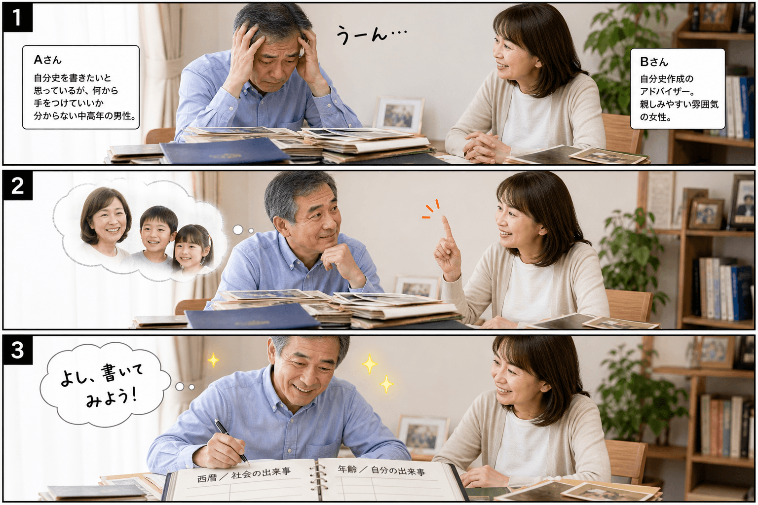 3コママンга、コマ割りで1枚の画像に収める。コマ1: Aさん: 自分史を書きたいと思っているが、何から手をつけていいか分からない中高年の男性。 Bさん: 自分史作成のアドバイザー。親しみやすい雰囲気の