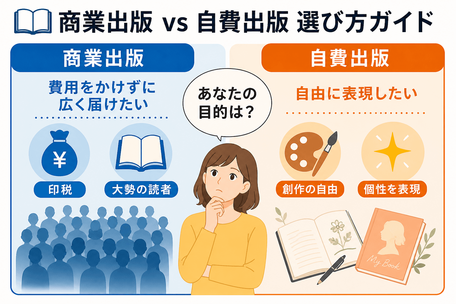 日本人、日本のスタイル, 「商業出版 vs 自費出版 選び方ガイド」というタイトルのインフォグラフィック。画面を左右に2分割し、左に「商業出版」、右に「自費出版」を配置。商業出版には「費用をかけずに広