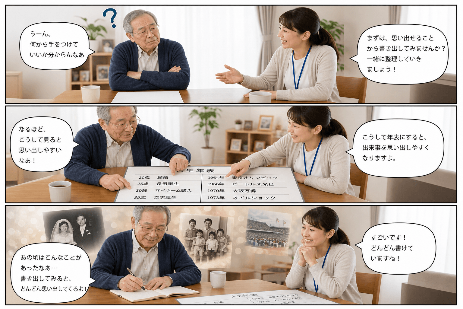 3コママンガ、コマ割りで1枚の画像に収める。コマ1: Aさん: 70代の男性。自分史作りに挑戦中。 Bさん: 30代の女性スタッフ。Aさんをサポートする。、リビングのテーブル。真っ白な原稿用紙を前に、