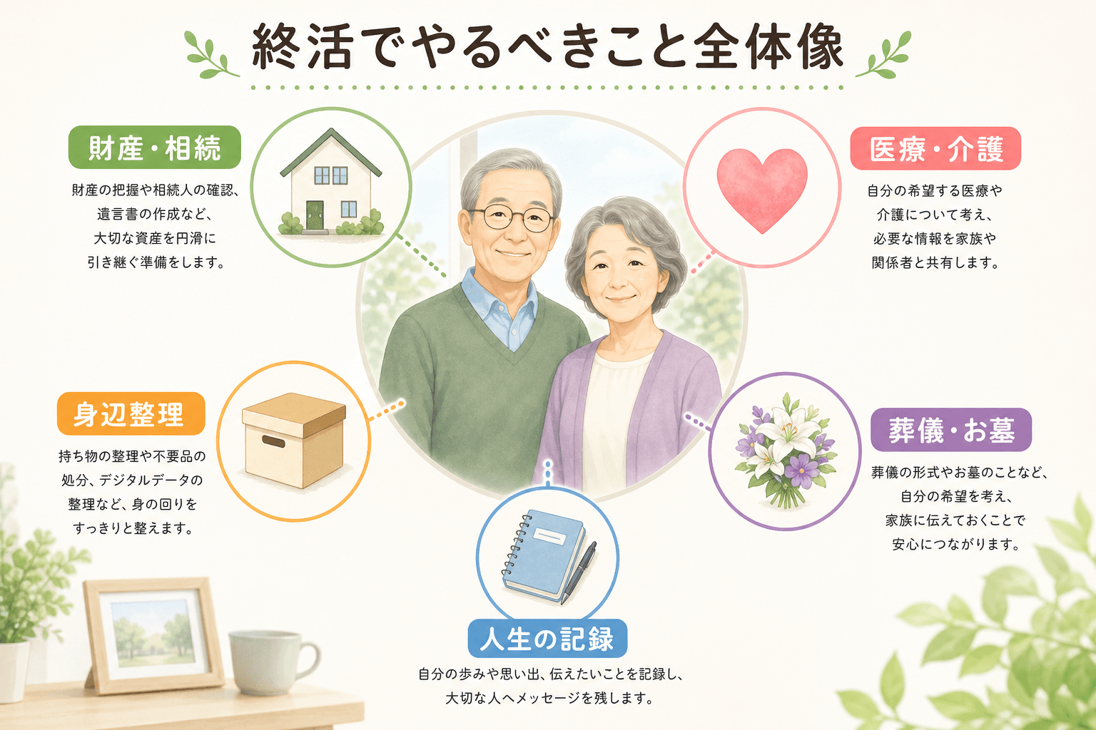 日本人、日本のスタイル, 「終活でやるべきこと全体像」というタイトルのインフォグラフィック。中央に穏やかな表情のシニア夫婦のイラストを配置。その周りを囲むように「財産・相続（家のアイコン）」「医療・介