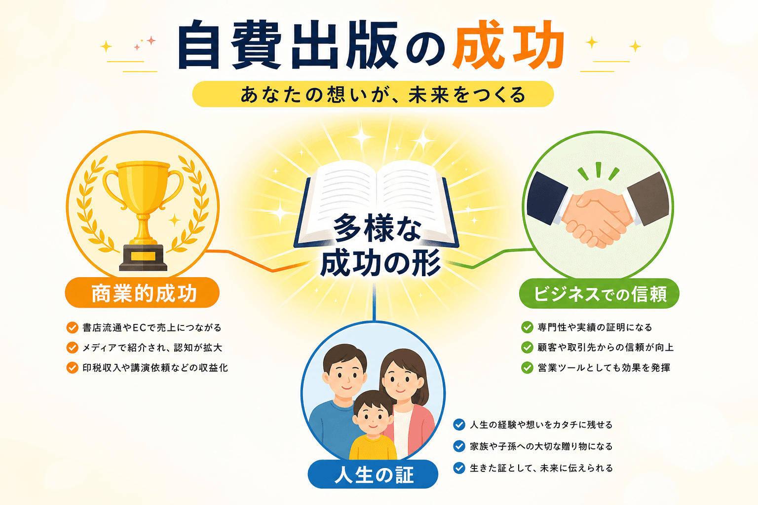 日本人、日本のスタイル, 「自費出版の成功」をテーマにしたインフォグラフィック。フラットデザインのデジタルイラスト。中央に輝く本のアイコンと「多様な成功の形」という文字。そこから放射状に3つの成功例が